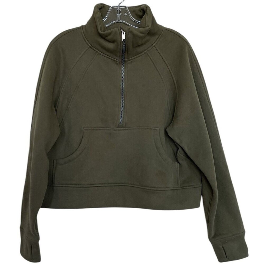 Womens Sweatshirt Size Medium M Cropped Army Green 1/2 Zip Kangaroo Pocket